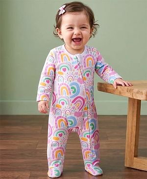 Babyhug Cotton Knit Full Sleeves Sleepsuit With Rainbow Print - White