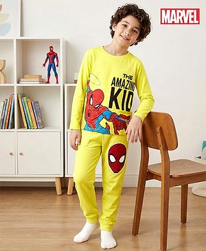Pine Kids Marvel Single Jersey Knit Full Sleeves Night Suit With Text Print - Green