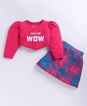M'andy Sinker Knit Puffed Full Sleeves Just Be Wow Printed Text Crop Top & Skirt - Pink