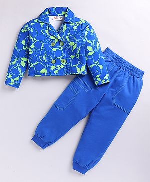 M'andy Sinker Knit Full Sleeves Printed Crop Top & Joggers - Blue