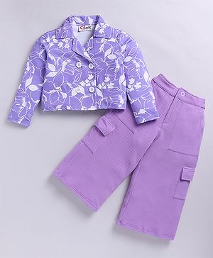 M'andy Sinker Knit Full Sleeves Printed Crop Top & Pant - Purple