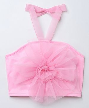 Taffykids Net Knit Sleeveless Rose Applique Detailed Halter Neck Crop Top - Pink