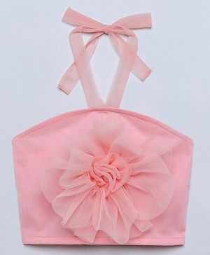 Taffykids Net Knit Sleeveless Rose Applique Detailed  Halter Neck Crop Top - Peach