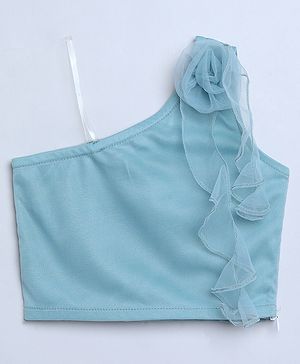 Taffykids Net Knit One Shoulder Rose Applique & Ruffle Detailed Crop Top - Pastel Mint