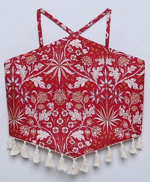 Taffykids Silk Woven Sleeveless Floral Printed Tassels Detailed Back Tie Up Crop Top - Maroon