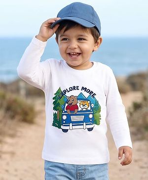 Babyhug 100% Cotton Knit Full Sleeves T-Shirt with Animal & Vehicle Print - White
