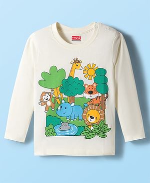 Babyhug 100% Cotton Knit Full Sleeves T-Shirt with Animal & Jungle Print - Offwhite