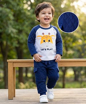 Babyhug Terry Knit Full Raglan Sleeves T-Shirt & Lounge Pant Set With Giraffe Print - White & Navy Blue
