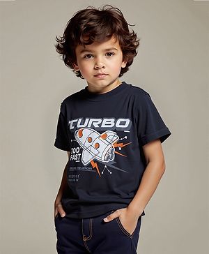tiny toonzzz Cotton Knit Half Sleeves Turbo Text Printed Tee - Black