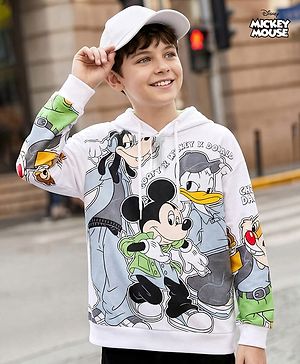 Pine Kids Disney Terry Knit Drop Shoulder Full Sleeves Sweatshirt with Mickey Mouse & Friends Graphic - White