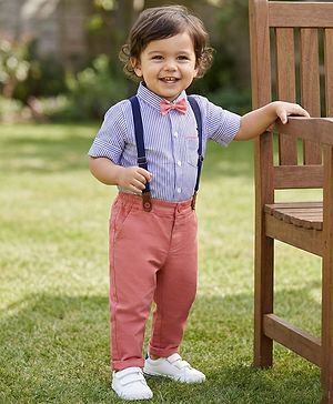 Babyhug 100% Cotton Woven Full Sleeves Striped Shirt & Pant Set With Bow & Suspender - Blue & Pink