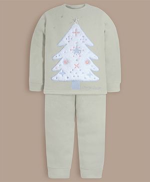 Cherry Crumble By Nitt Hyman Knit Full Sleeves Tree Patch Detailed Winter Night Suit Set - Mint