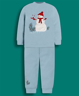 Cherry Crumble By Nitt Hyman Knit Full Sleeves Snowman Patch Detailed Winter Night Suit Set - Sky Blue