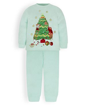 Cherry Crumble By Nitt Hyman Knit Full Sleeves Animals & Tree Patch Detailed Winter Night Suit Set - Mint