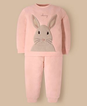 Cherry Crumble By Nitt Hyman Knit Full Sleeves Bunny Patch Detailed Winter Night Suit Set - Peach