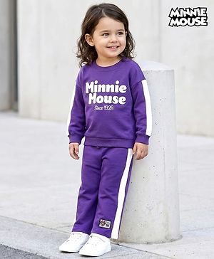 Babyhug Disney Terry Full Sleeves Drop Shoulder T-Shirt and Trackpant with Minnie Mouse Graphics - Purple