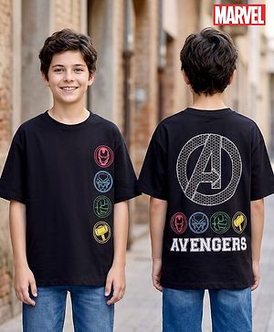 Pine Kids Marvel Single Jersey Knit Half Sleeves Drop Shoulder T-Shirt with Front and Back Avengers Graphics - Black