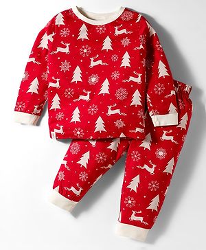 Ollypop Interlock Knit Full Sleeves Co-ords Night Suit With Tree Print - Red