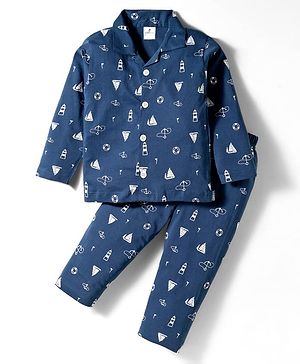 Ollypop Sinker Knit Full Sleeves Co-ords Night Suit With Boat Print - Navy Blue