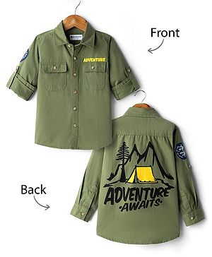 Kookie Kids Tussor Woven Full Sleeves Shirt with Badges & Adventure Text Print - Olive Green
