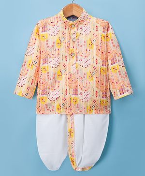 Dapper Dudes Full Sleeves Floral Printed Kurta Dhoti Set - Yellow