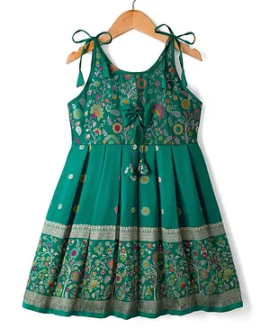 Bhartiya Paridhan Silk Woven
                              Sleeveless Pleated Ethnic Dress with
                              Floral Print & Bow Applique - Dark
                              Green