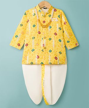 Dapper Dudes Full Sleeves Bandhani Printed Kurta Dhoti With Necklace Set - Yellow