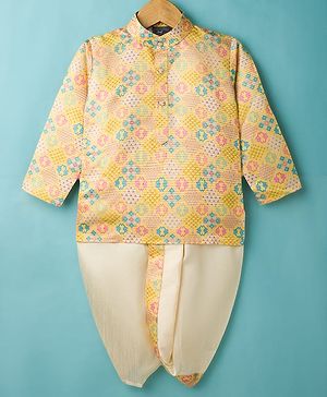 Dapper Dudes Full Sleeves Geometric Printed Kurta Dhoti Set - Yellow