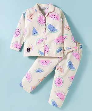 Enfance Core Full Sleeves  Watermelon Printed Coordinating Night Suit Set - Cream