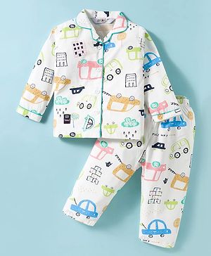 Enfance Core Full Sleeves Vehicles Printed Coordinating Night Suit Set - Green