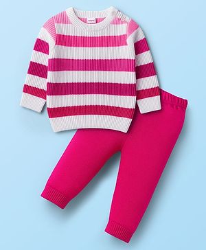 Babyhug Knitted Full Sleeves Striped Sweater Set - Dark Pink & White