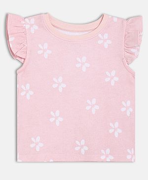 MINI KLUB Cotton Knit Sleevless Frill Designed Floral Printed Top - Pink