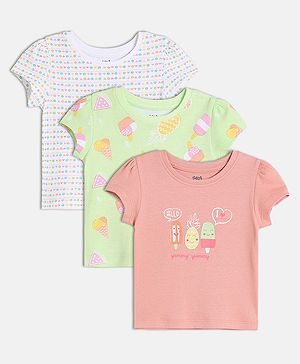 MINI KLUB Cotton Knit Pack Of 3 Half Sleeves Ice Cream & Geometric Printed Tops - Green & Pink