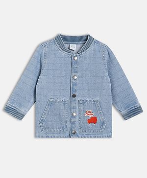 MINI KLUB Cotton Woven Full Sleeves Little Camper Text Embroidered Light Winter Jacket - Blue