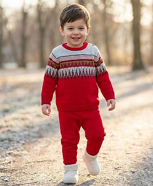 Babyhug Knit Full Sleeves Pullover Sweater Set with Stripes & Zig Zag Design - Red & White