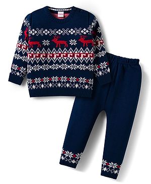Babyhug Knit Full Sleeves Pullover Sweater Set with Snow Flakes & Reindeer  Design - Navy Blue