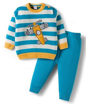 Babyhug Knitted Full Sleeves Sweater Set With Airplane Embroidery - Blue & Yellow