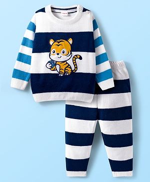 Babyhug Knit Full Sleeves Sweater Set with Stripes & Tiger Patch - White & Navy Blue
