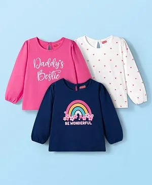 Babyhug 100% Cotton Knit Full Sleeves T-Shirt with Heart & Rainbow Print Pack of 3 - Navy Blue White & Pink