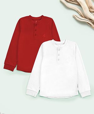 KiddoPanti Cotton Knit Pack of 2 Full Sleeves Solid Henley Neck Tee - Red & Navy