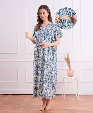 Bella Mama Cotton Woven Half Sleeves Maternity Nursing Nighty With Floral Print - Blue