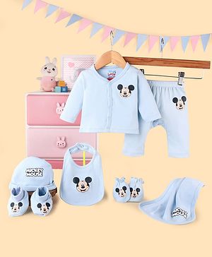 Babyhug Disney Cotton Baby Gift Set With Mickey Mouse Graphics - Light Blue