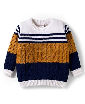 Babyhug Knit Full Sleeves Pullover Sweater with Color Block & Cable Knit Design - Mustard Navy Blue & White