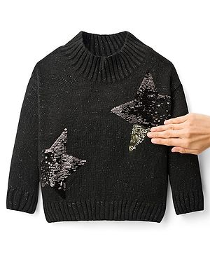 Babyhug Knitted Full Sleeves Pullover Sweater With Reversible Sequins - Black