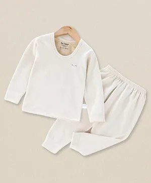 The little lookers Wool Knit Full Sleeves Sheep & Brand Name Printed Thermal Tee & Pant Set - Off White