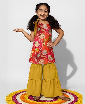 Tales & Stories Viscose Woven Sleeveless Floral Printed Kurti & Sharara Set - Multi Colour