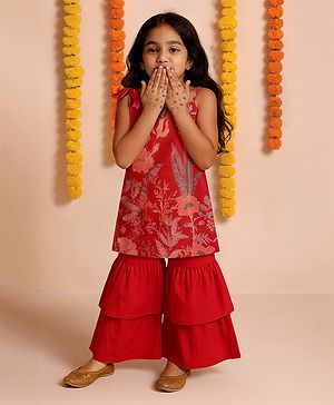 Tales & Stories Viscose Woven Sleeveless Floral Printed Kurti & Sharara Set - Red