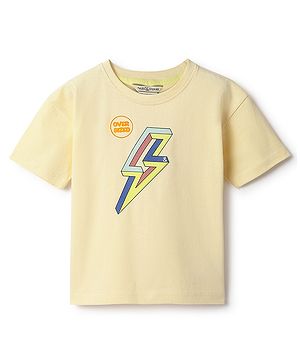 Tales & Stories Cotton Knit Half Sleeves Thunderbolt Printed Oversized Tee - Cream