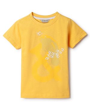 Tales & Stories Cotton Knit Half Sleeves Fish Embroidered Tee -Yellow