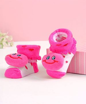 Cute Walk by Babyhug Slip On Sock Shoes with Smiley Applique - Fuchsia